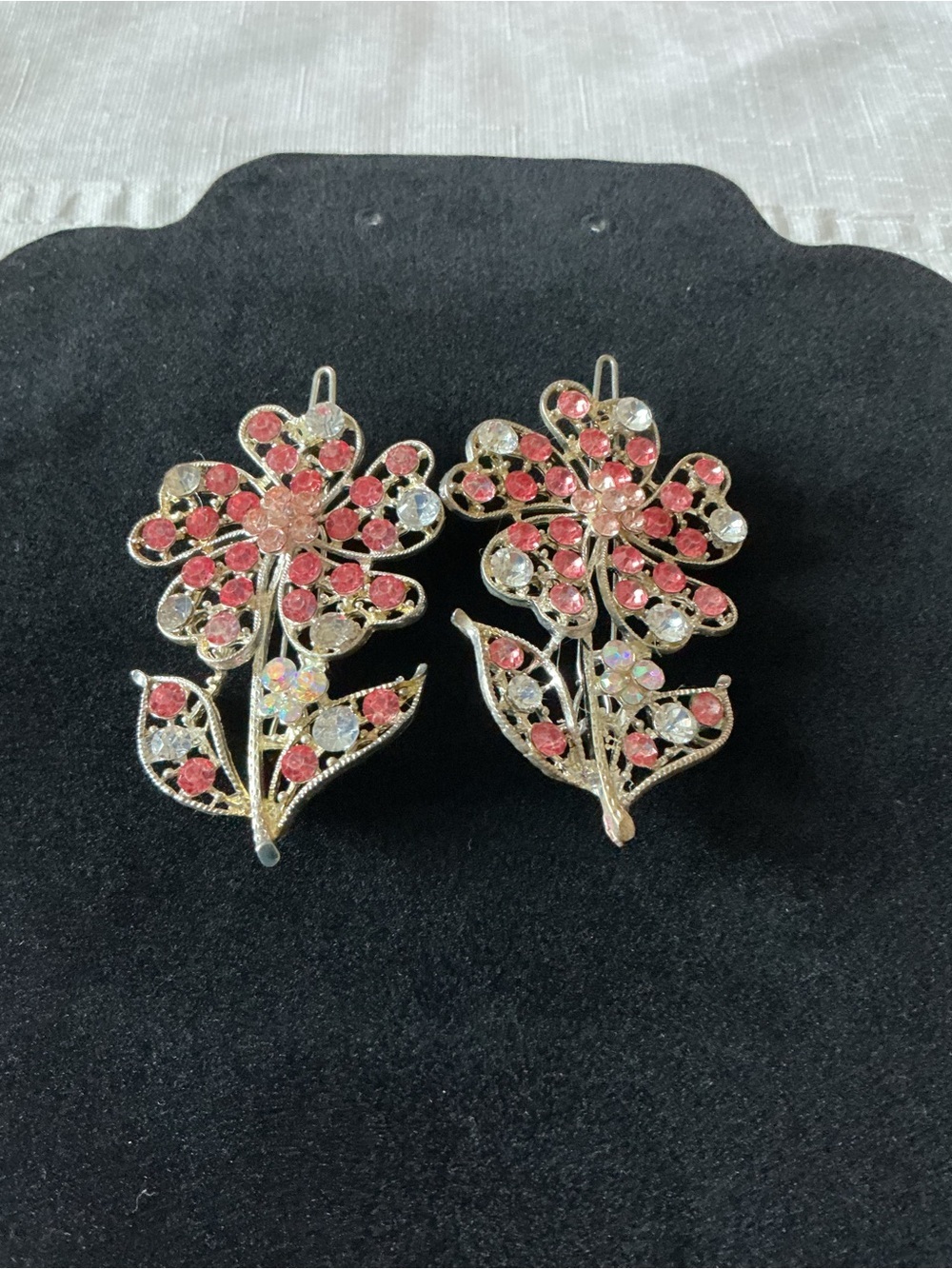 Pink Rhinestone Two Matching Floral Hold Tone Hair Pins